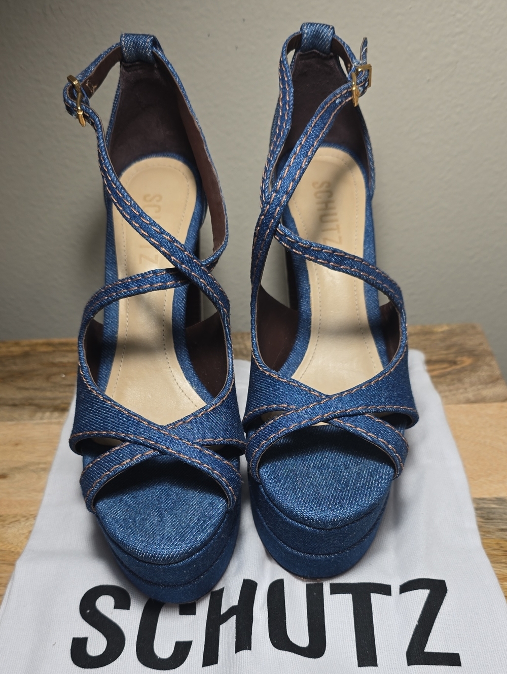 SCHUTZ Denim Blue Crisscross Platform Sandals